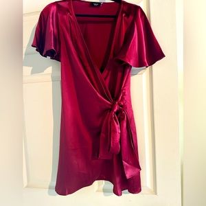 Red satin wrap dress from Vici